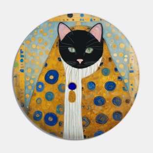 Klimt Black Cat with Green Eyes and Warm Shawl Pin