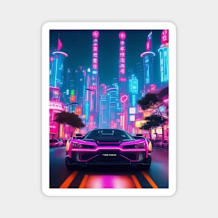 Dark Neon Sports Car in Asian Neon City Magnet