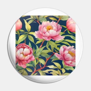 Watercolor peonies and branches on navy blue background Pin