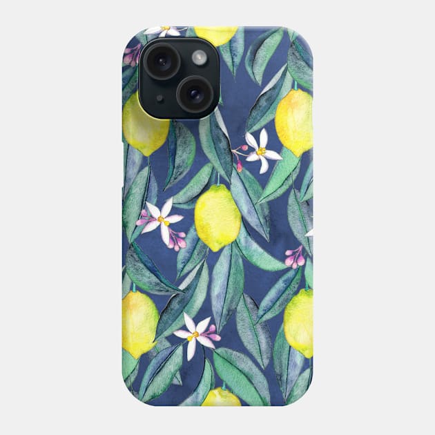 When Life Gives You Lemons - watercolor lemons on dark blue Phone Case by micklyn