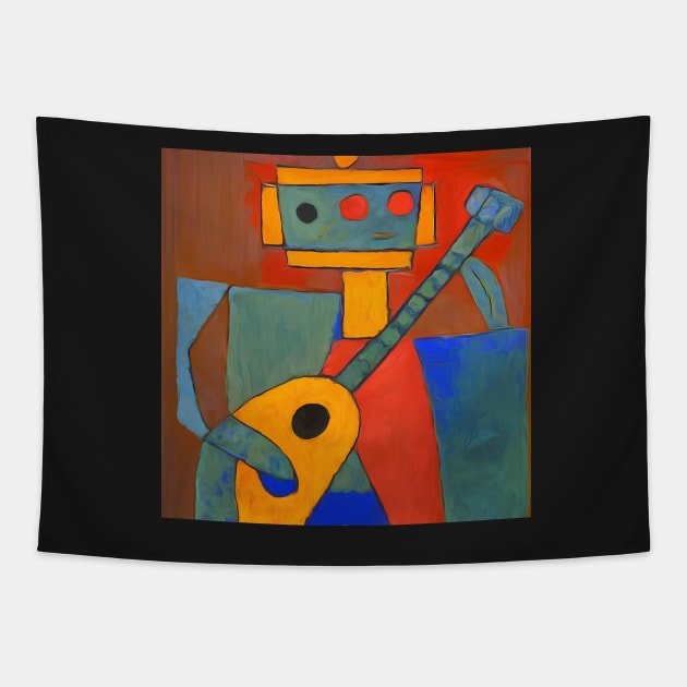 abstract drawing of a robot playing a guitar Tapestry by Donkeh23