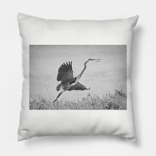 Great Blue Heron Nest Building Time Black and White Pillow