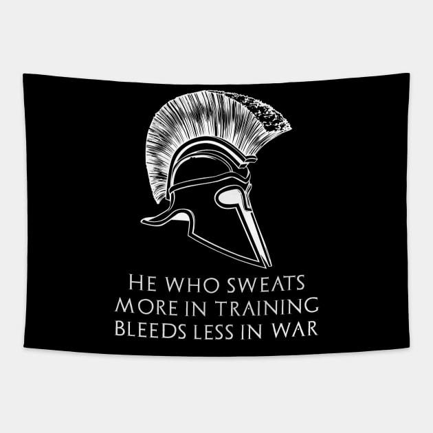 Motivational Quote - He who sweats more in training bleeds less in war Tapestry by Styr Designs