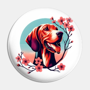 Redbone Coonhound Delights in Spring Cherry Blossoms Pin