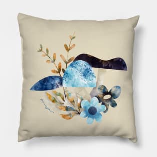 Indigo Portobello Mushrooms and Flowers Pillow