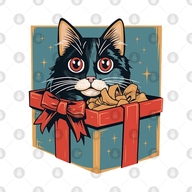 Vintage charm - adorable kitten peeking out of a holiday gift box, nostalgic design illustration for Christmas fun. by Art KateDav
