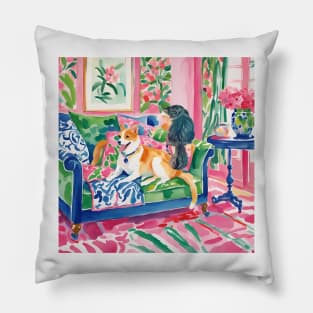 Cat and dog in preppy interior whimsical watercolor Pillow