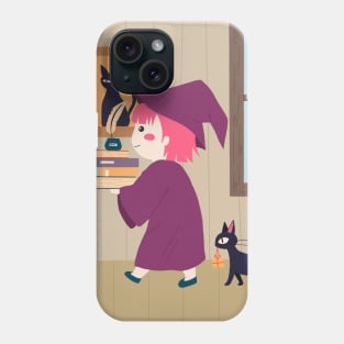 Cute Pink witch girl carrying books with cat Phone Case