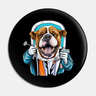 an English Bulldog wearing a dentist's coat and holding a toothbrush Pin