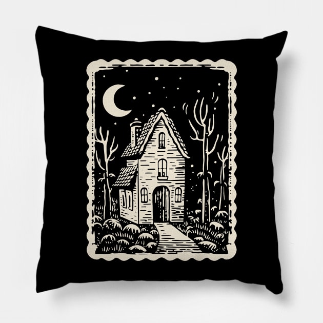 Witch Cottage in the Woods Pillow by Daaiana