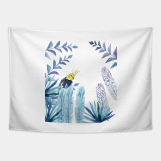 Cockatiel with tropical foliage watercolor design Tapestry