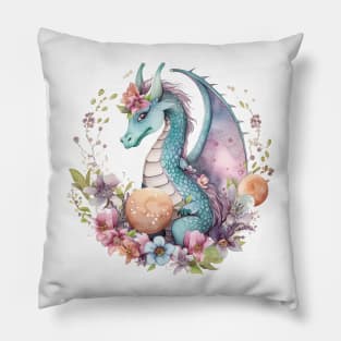 Cute Spring Flower Dragon Watercolor Pillow