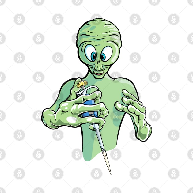 Funny Science Cartoon - Alien Visitor Holding Pipette PCR by SuburbanCowboy