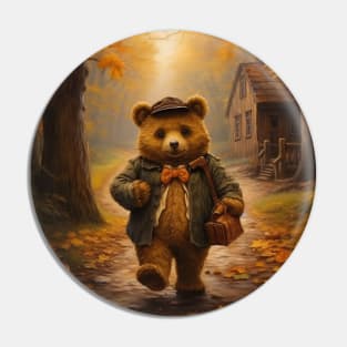 Cute Teddy Bear with Bow Tie Walking in Autumn Forest Pin