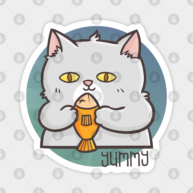 Funny Cute Fat Cat Holding a Fish Magnet by Jocularity Art