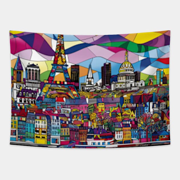 Paris France Colorful Whimsical Britto Pop Art Funky Tapestry by Lavender Celeste