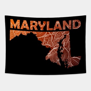 Colorful mandala art map of Maryland with text in brown and orange Tapestry