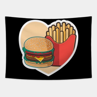 Funny Heart Love Burger French Fries Tapestry