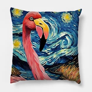 Flamingo Animal Painting in a Van Gogh Starry Night Art Style Pillow