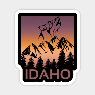 Idaho Sunset Wolf Howling at The Moon Trees and Mountains Magnet