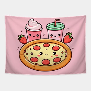 Kawaii Pizza Party with Pepperoni Pizza, Strawberry Ice Cream, and Drink | Kawaii Food Art Tapestry