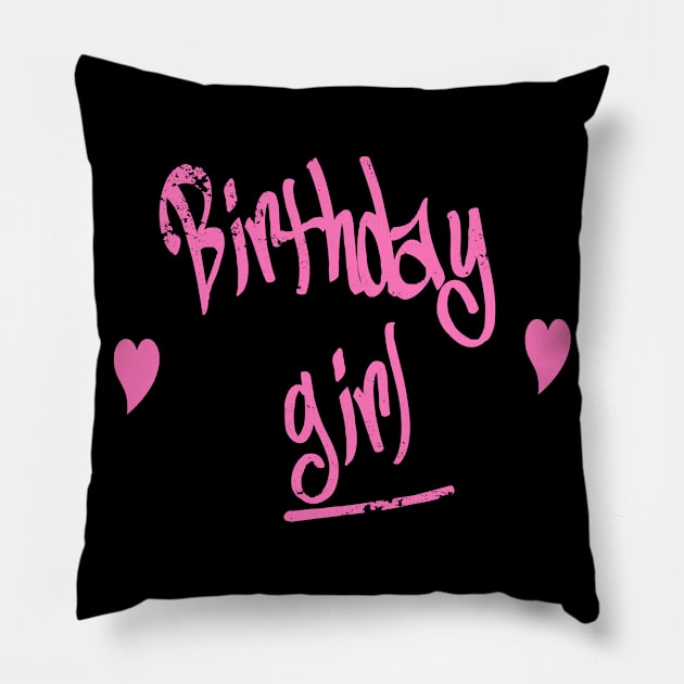 Birthday Girl Party Shirt Distressed Style Pink Vintage Font Pillow by DazzlingApparel
