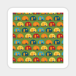 Caravans trailer RV campervan blue red yellow in a row. Green background. Fun vehicle pattern for boys Magnet