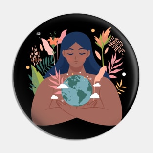 Mother Earth Dark Skinned Girl Hugging Planet Pin