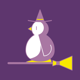 Witch Penguin Riding a Broom Vector Illustration T-Shirt