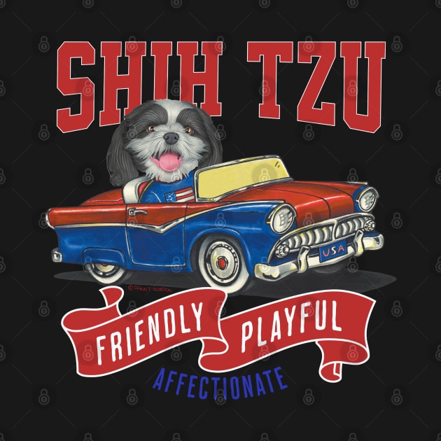 Cute Shih Tzu dog in a funny vintage classic retro car with red white and blue flags by Danny Gordon Art