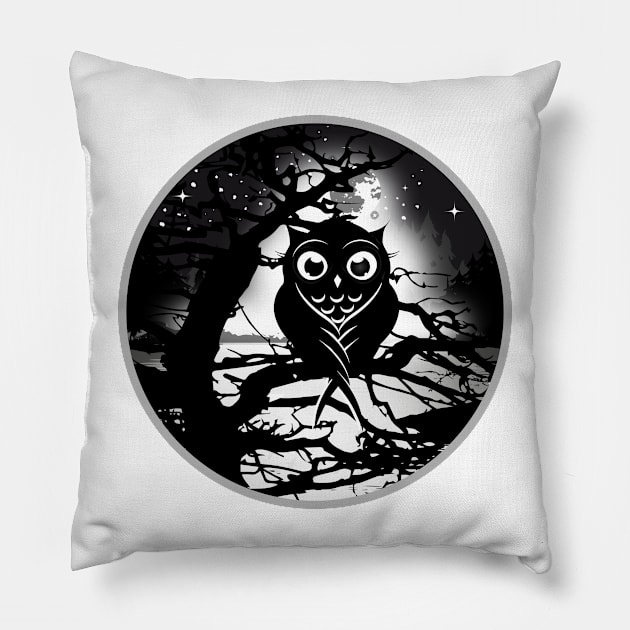 little owl sitting on a tree under a full moon Pillow by Kisho