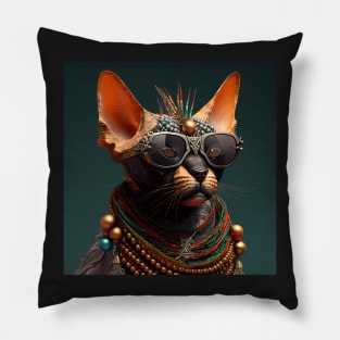 Hairless Cat wearing sunglasses, leather jacket and scarf, Expressive Art Sticker Pillow