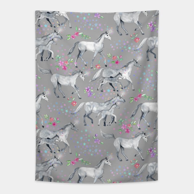 Unicorns and Stars on Soft Grey Tapestry by micklyn