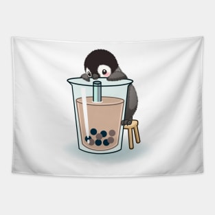 Happy emperor penguin chick with bubble tea Tapestry