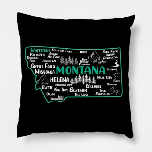 Cute map of Whitefish Montana, Helena, Missoula, Great Falls, Bozemian, Billings, Kalispell, Big Sky Pillow