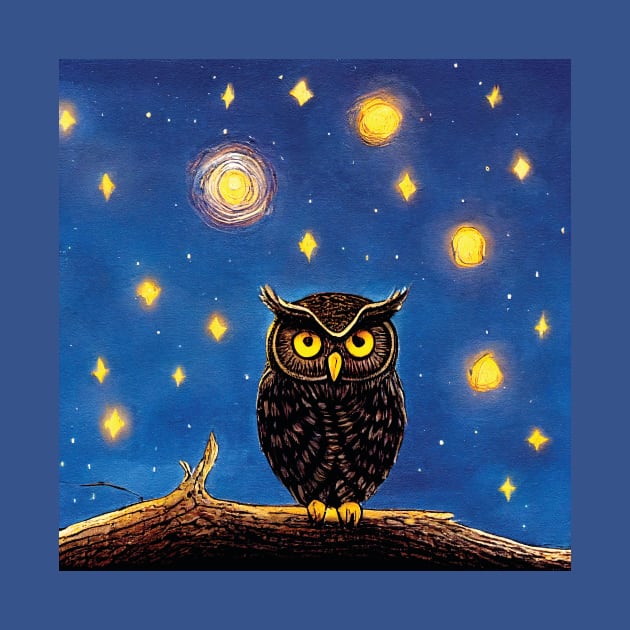 Owl in a blue night sky by Geminiartstudio