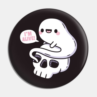 Cute Ghost Coming Out Of Skeleton Skull, Im Alive Funny Pin