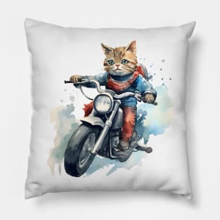 Tabby Cat, Motorcycle, Watercolor Pillow