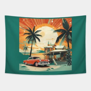 Christmas in july red car palm trees Tapestry