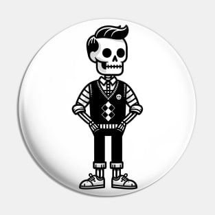 Minimalist Preppy Skeleton - Black and White Cartoon Pin