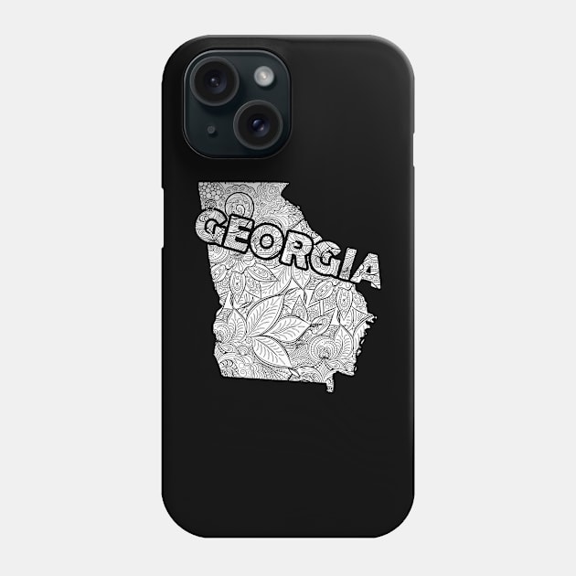 Mandala art map of Georgia with text in white Phone Case by Happy Citizen