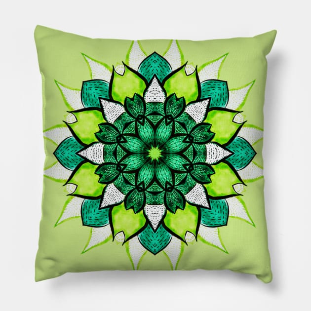 Green Floral Mandala Abstract Flower Botanical Pillow by Boriana Giormova