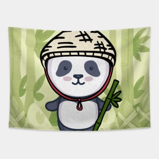 funny panda with bamboo in green panda bear Tapestry