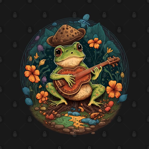 Cottagecore aesthetic cute frog playing ukelele on Mushroom by JayD World