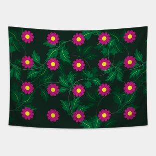 Cerise daisies with Yellow centres over layers of vine leaves on a Dark Green background Tapestry