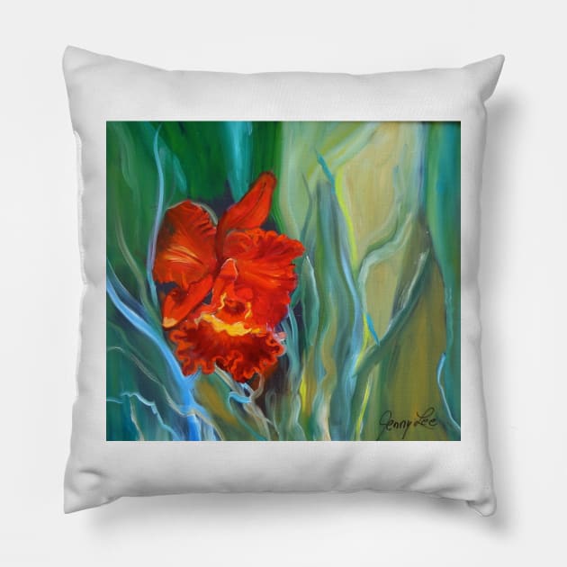 Red Jungle Orchid Pillow by jennyleeandjim