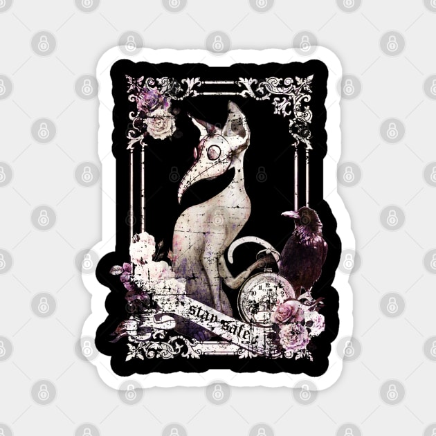 Cat Plague Doctor Say "stay safe" vintage style purple Magnet by Collagedream