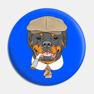 Hipster dog Rottweiler breed in a brown cap, with a tie and a cigarette Pin