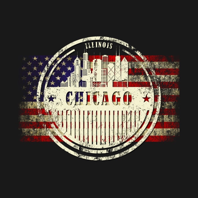 US flag with silhouette Chicago City by DimDom