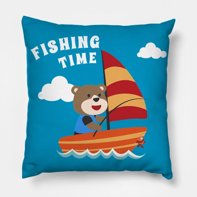 Vector cartoon illustration of cute bear fishing on sailboat with cartoon style. Pillow by KIDS APPAREL